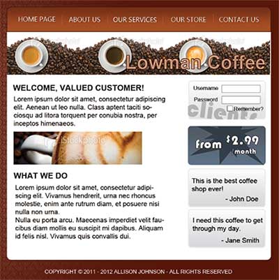 Design for a coffee shop web page.